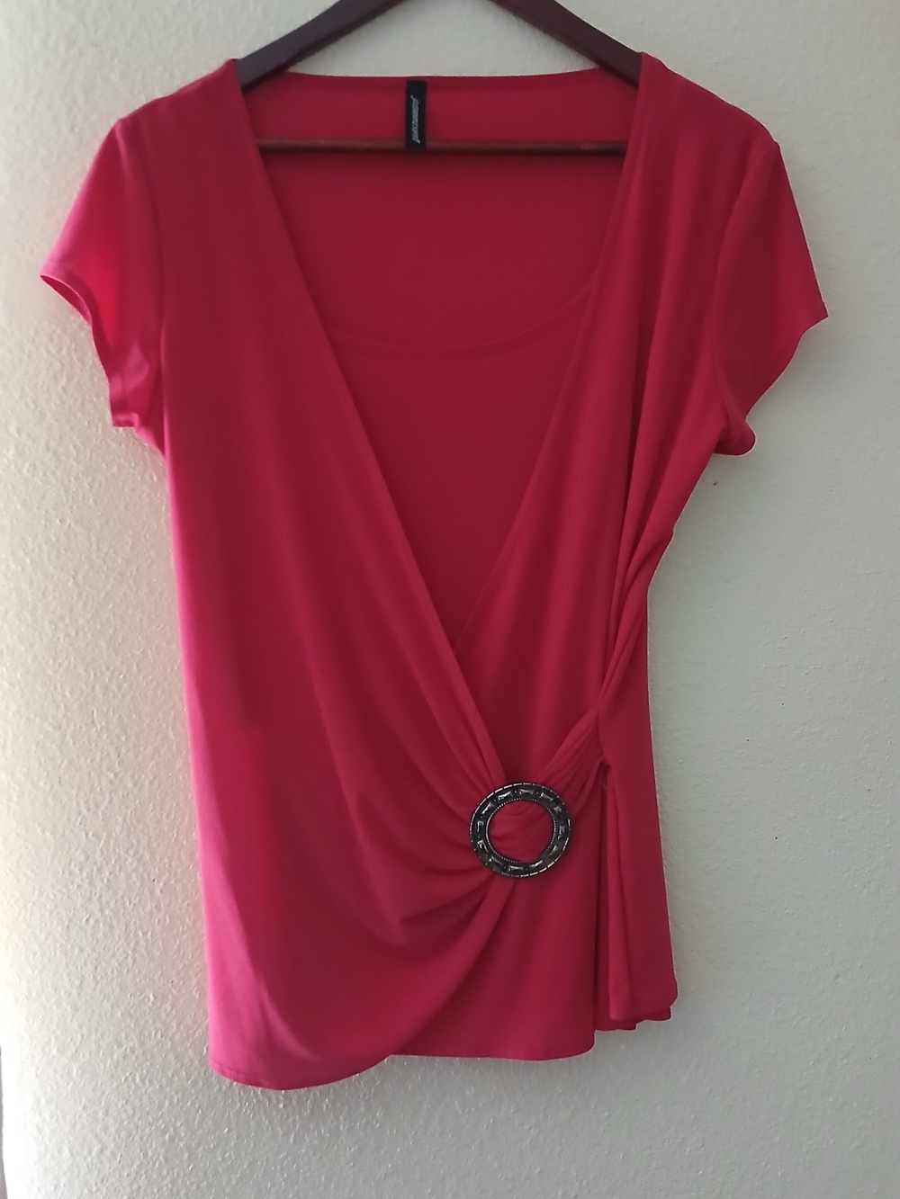 Women’s Rose-Pink Short Sleeve Surplice Top with Ring Accent